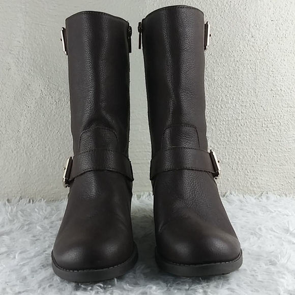 𝅺Sole Society Wylann Brown Leather Almond Toe Block Heel Mid Calf Harness Boot - Picture 3 of 16
